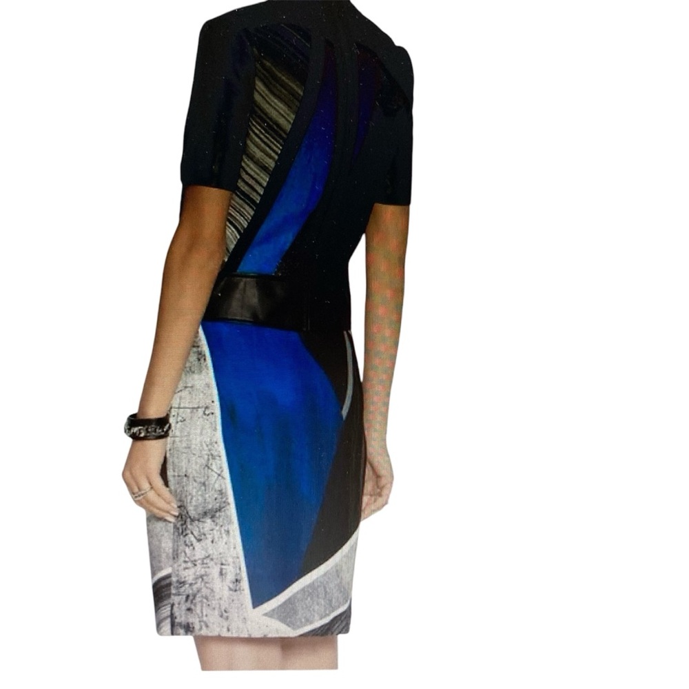 HELMUT LANG | NWT ‘Fracture’ Print Crepe & Leather Dress Blue Multi Size 6 NWT